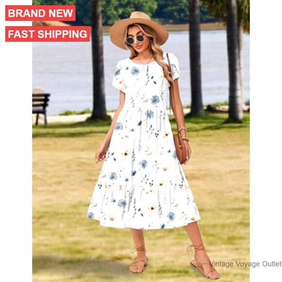 Summer Midi A-Line Dress Short Sleeve Casual Flowy Tiered Beach Sundress with - Picture 3 of 7